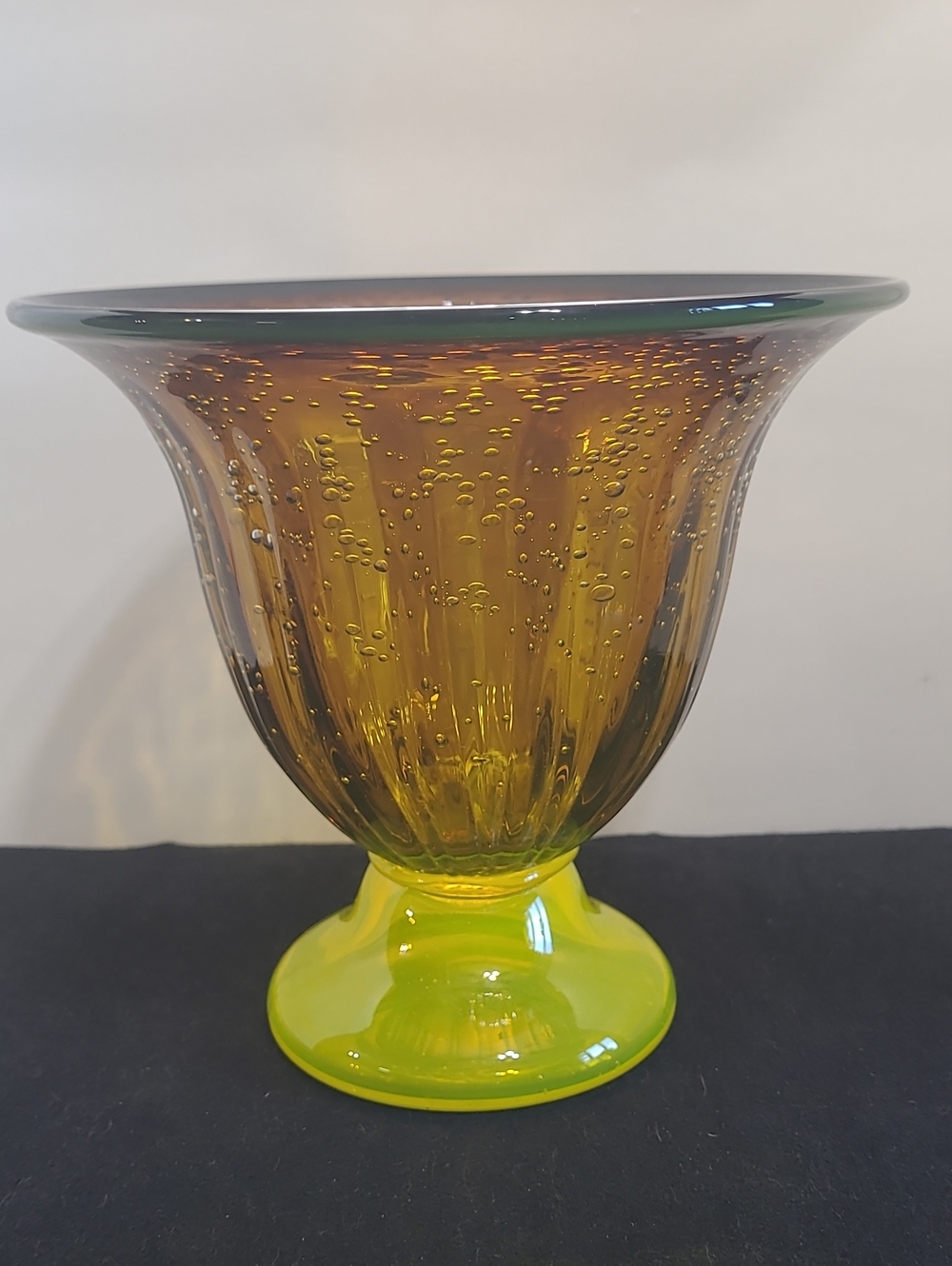 Handblown Amber and Neon Lime Glass Pedestal Vase